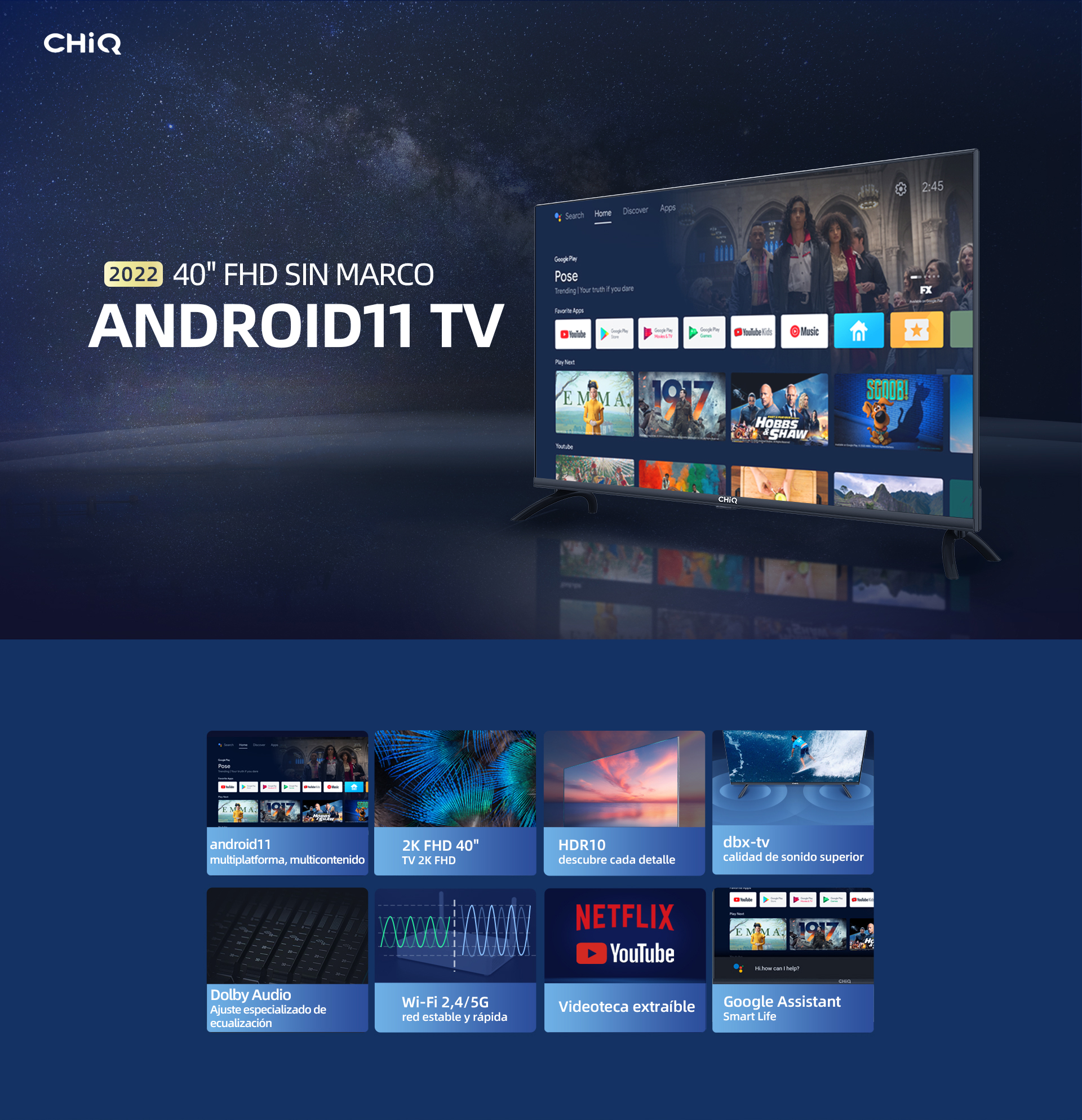 Smart TV, CHiQ L40G7LX, 40 Pouces(100cm) 2K FHD Android TV 11, 2.4/5G  Wi-FI, Bluetooth, Google Assistant - Cdiscount TV Son Photo